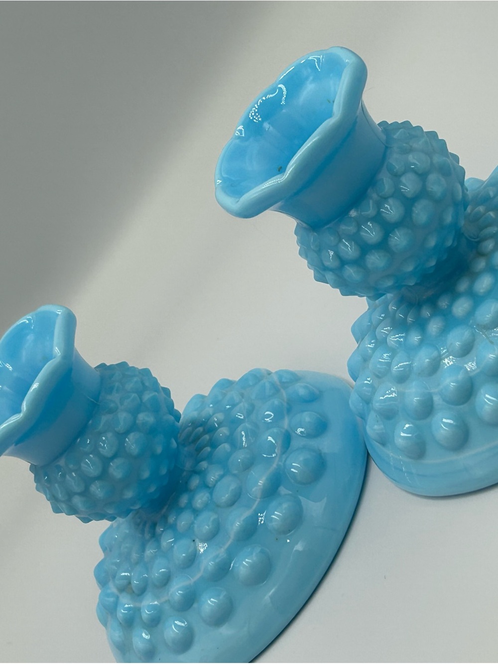 Pair of Vintage Fenton Blue Hobnail Milk Glass Vases